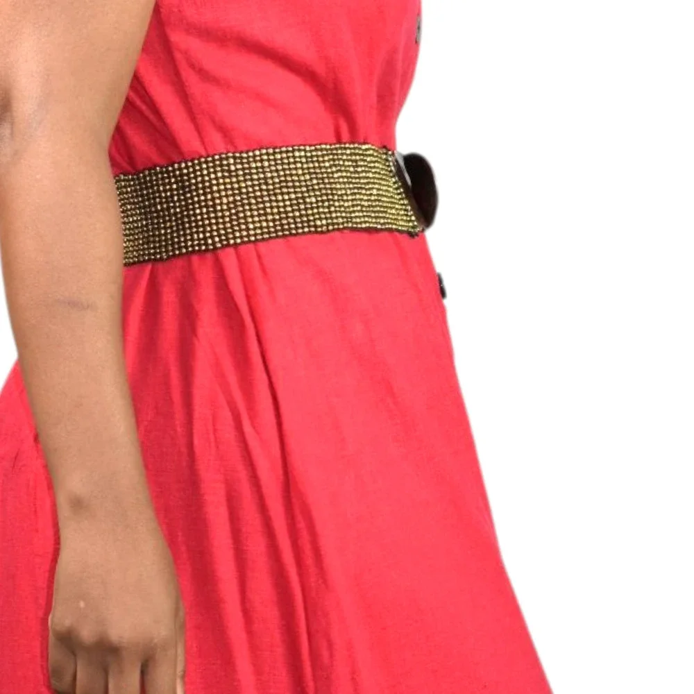 Beaded Cinch Belt Brown Stretchy Elastic Studs Waist Wooden Clasp Buckle Medium